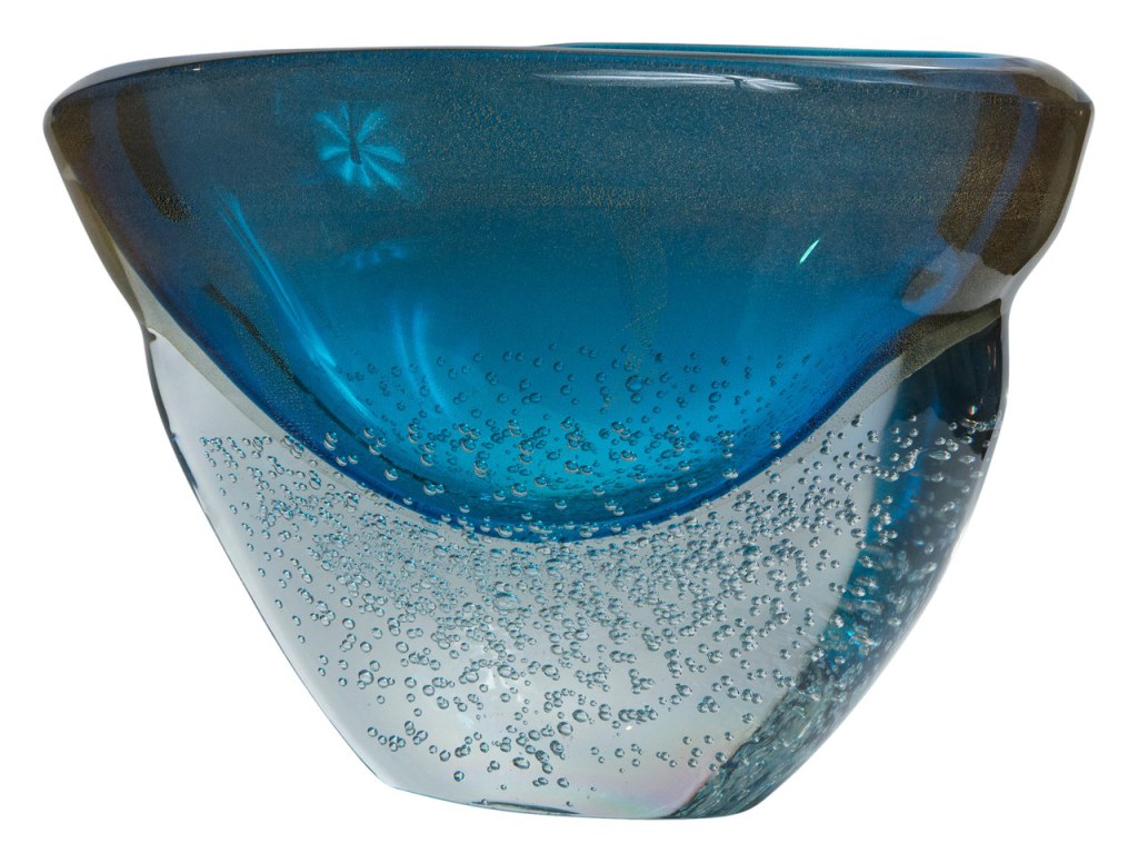 Sculptural Acquamarine Gold Low Vase, signed, contemporary
