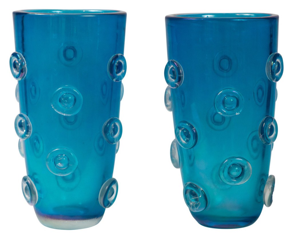 Pair Of Tall Murano Blown Irredescent Acquamarine Vases, Contemporary