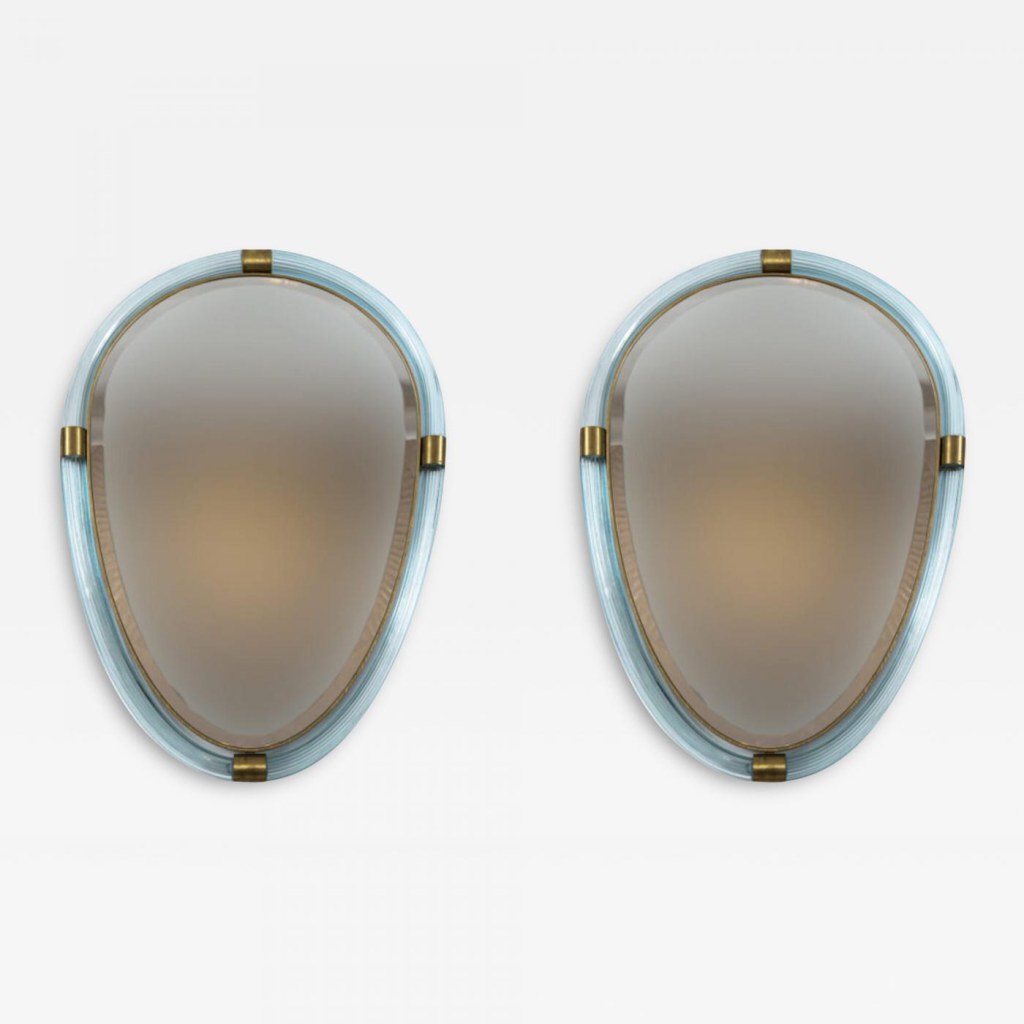 Pair of Artisan Murano Blown Aquamarine Oval Torchere Mirrors, Contemporary