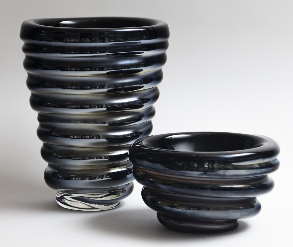 Murano Black Coral Ribbed Glass Vase & Bowl Set, Signed