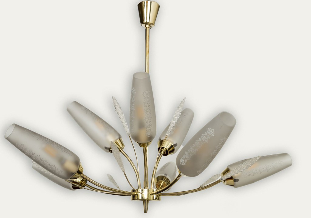 Smaller Mid Century Italian Conical Shaped Glass & Brass Chandelier