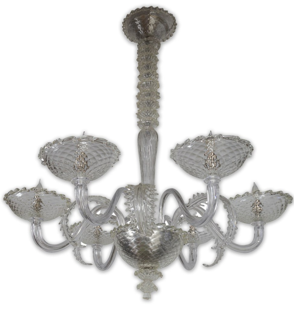 Minimalistic Vintage Murano Balonton Crystal Six Arm Leaf Chandelier By Seguso