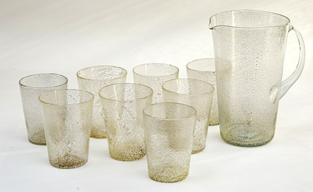 Unique Set Of 8 Modern Italian Murano Silver Blown Cups With Carafe