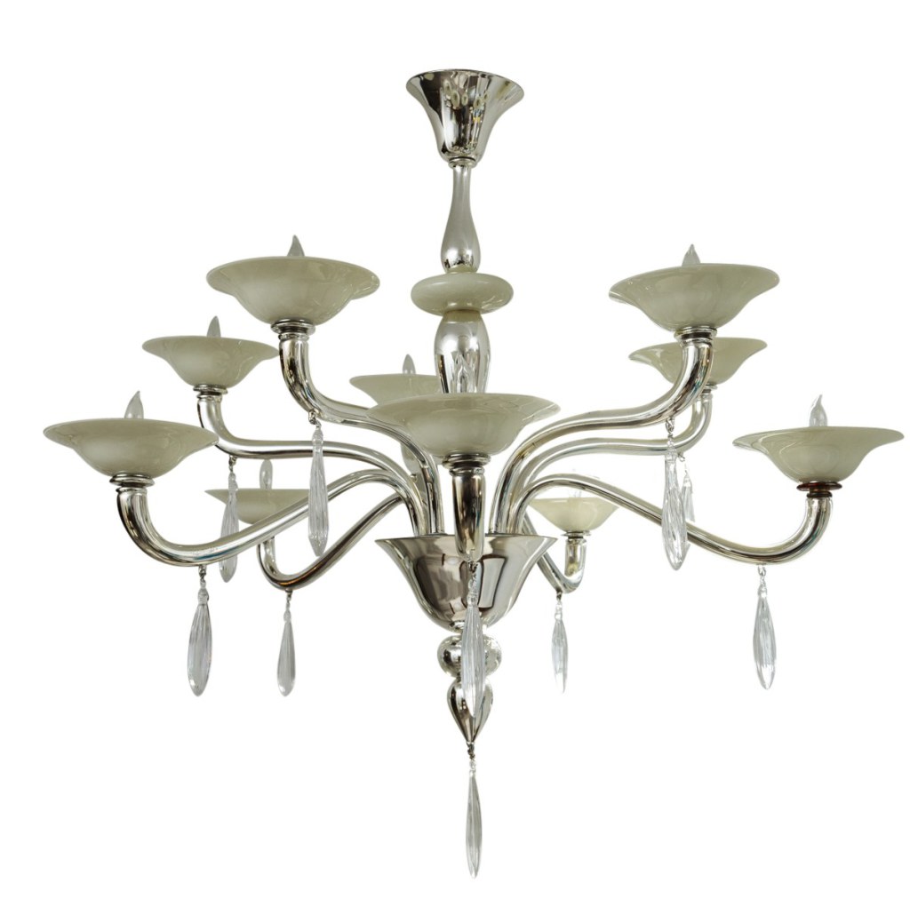 Vintage Italian Murano Incamiciato Blown Two Tiered Ten Arm Chandelier in Silver