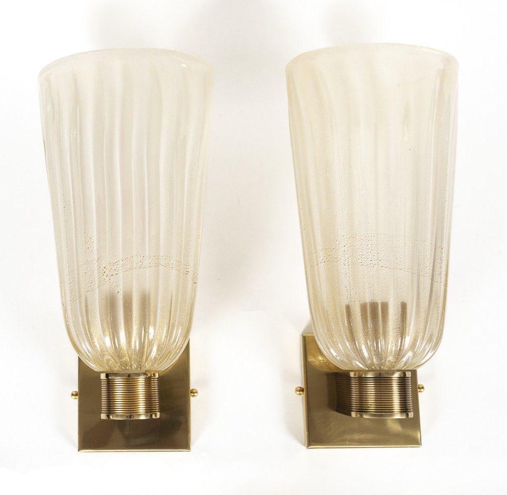 Pair of Tall Murano Blown Gold Oval Wall Lights, UL Certified