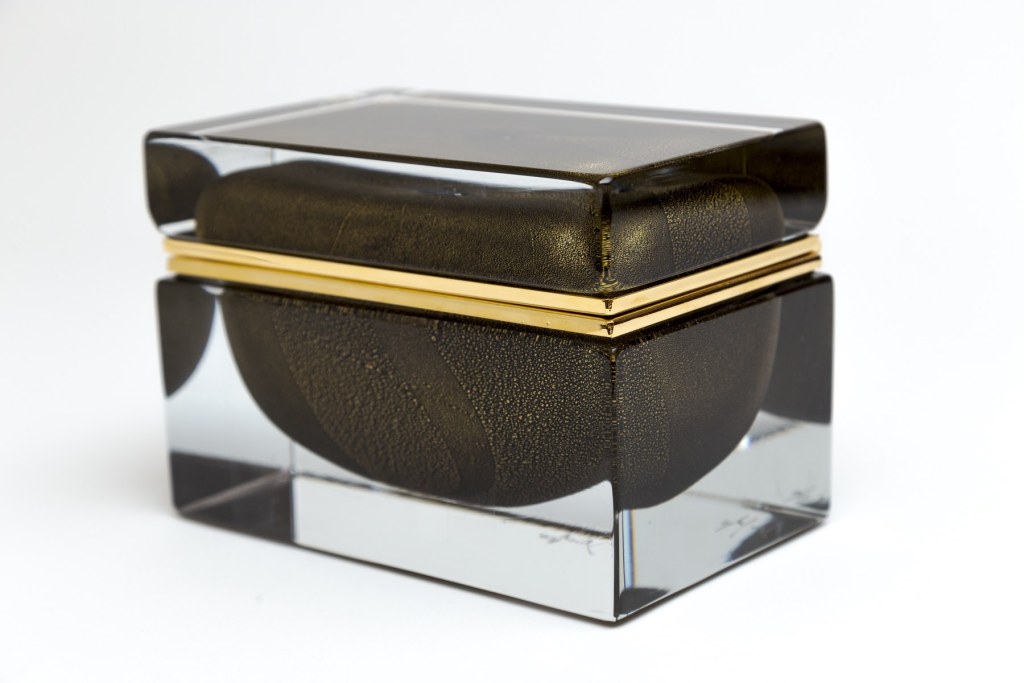 Large Murano 24k Gold On Black Glass Rectangular Box, Contemporary