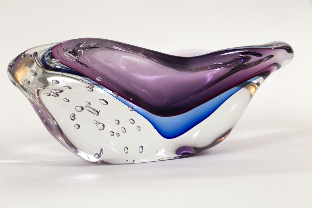Murano Blown Irregular Shaped Blue & Plum Oblong Bowl, Contemporary