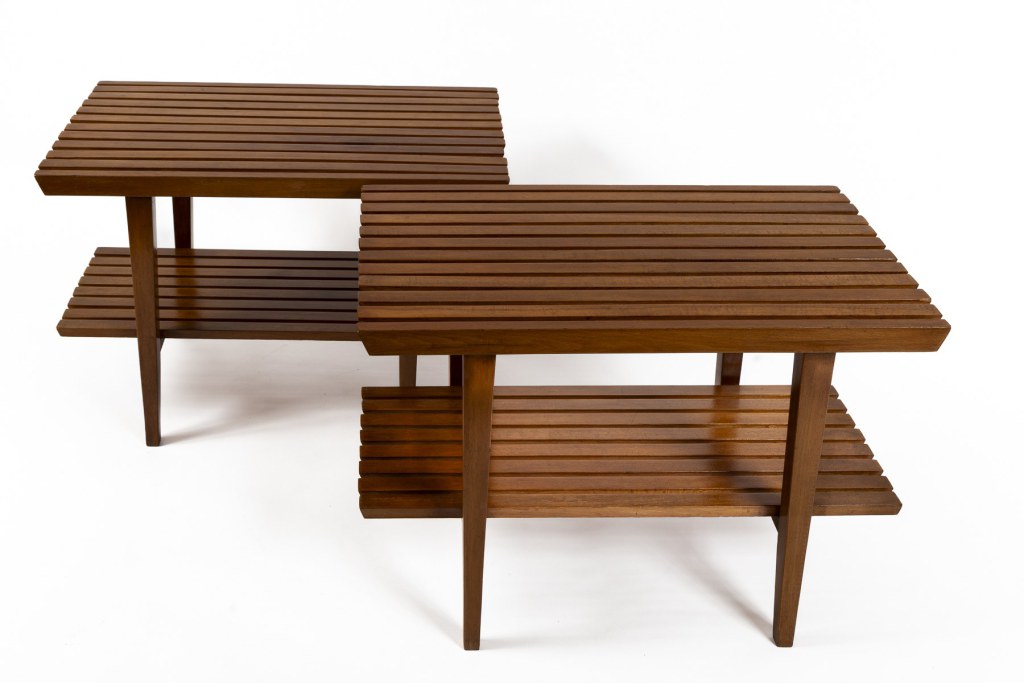 Pair of Italian XX Century Two Tiered Slatted Tables