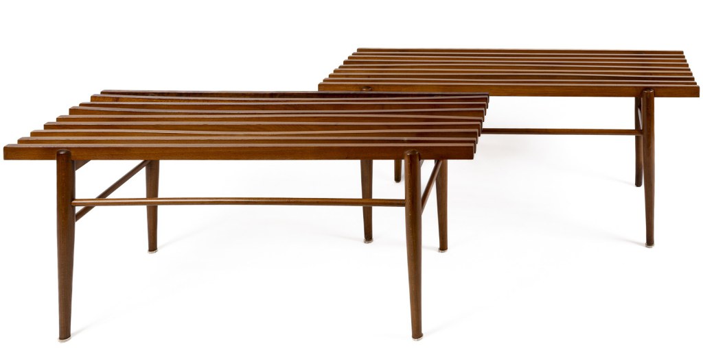Pair of Long Italian XXth Century Slatted Walnut Benches