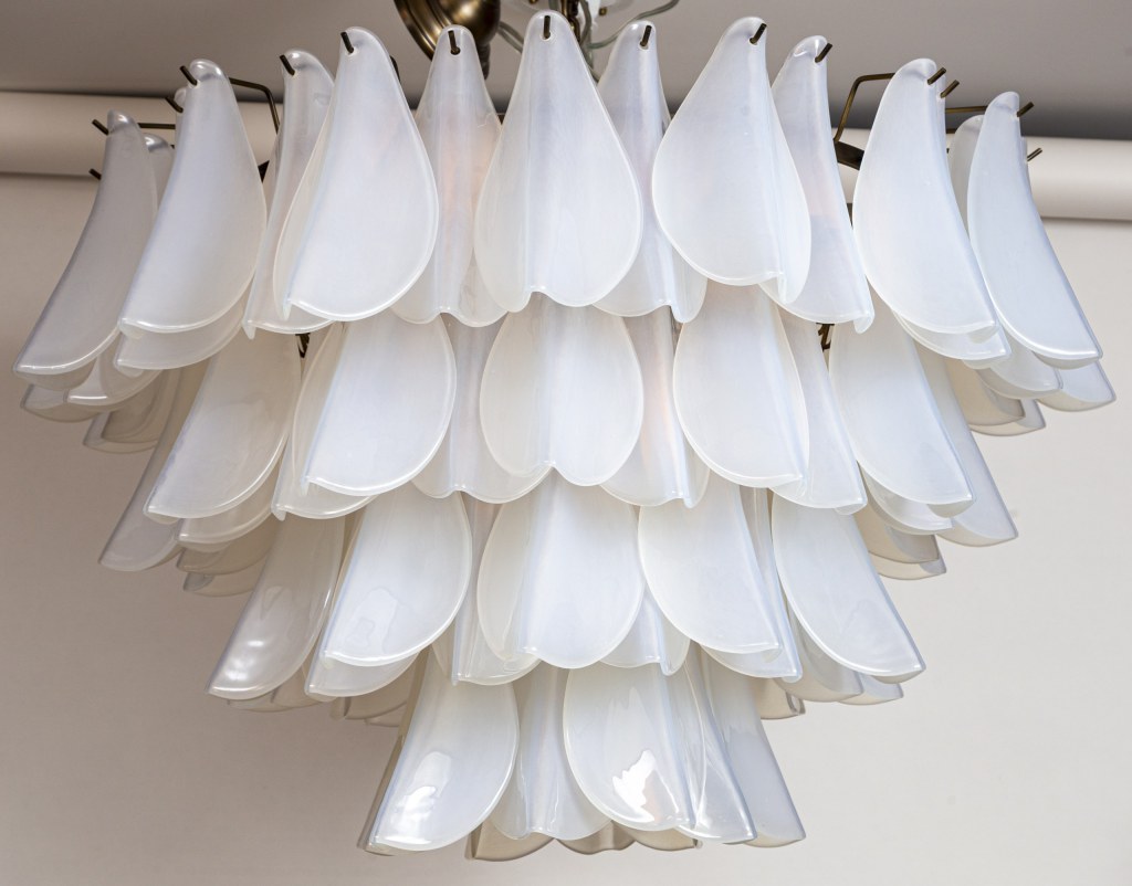 Modernist Iridescent White Petal Chandelier, Contemporary