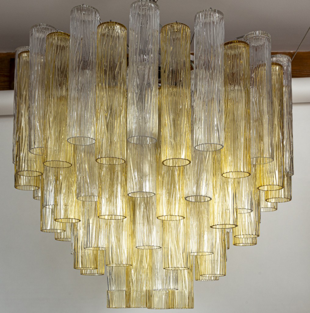 Modernist Murano Four Tier Crystal & Amber Chandelier, Contemporary