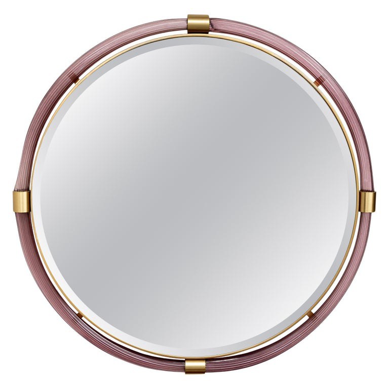 Artisan Murano Blown Gold Round Aubergine Mirror, Contemporary