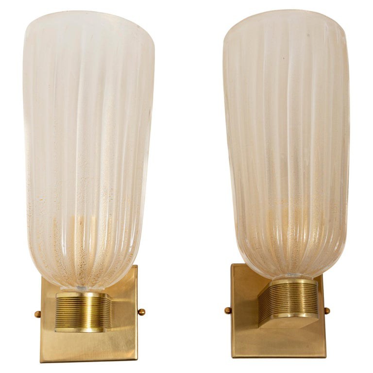 Pair of Tall Murano Blown Gold Round Wall Lights, Contemporary, 2 Sets Available
