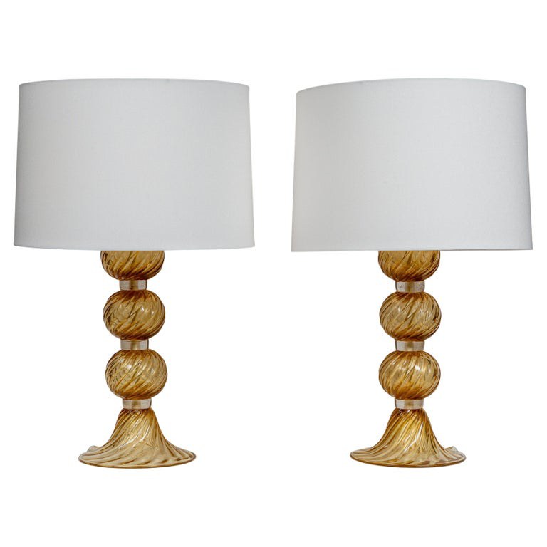 Pair Of Murano Blown Amber & Gold Swirl Lamps, Contemporary