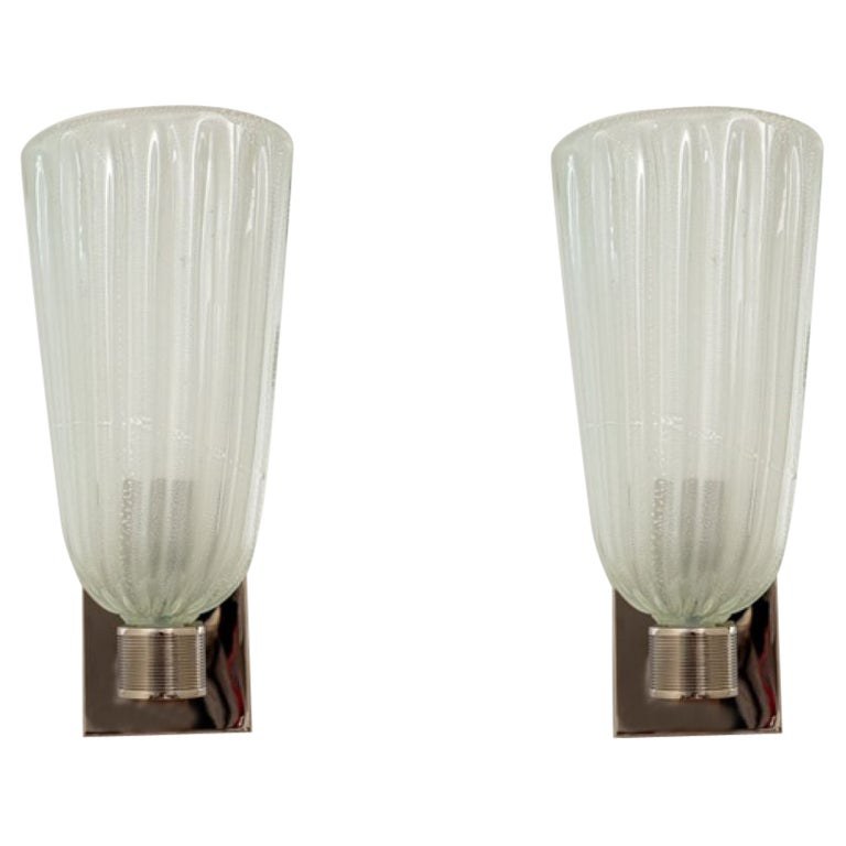Pair of Tall Murano Blown Silver Opaque Nickel Wall Lights, UL Certified, Contemporary
