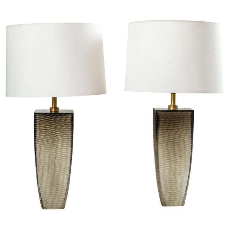 Pair Of Murano Grey Battuta Table Lamps, Contemporary