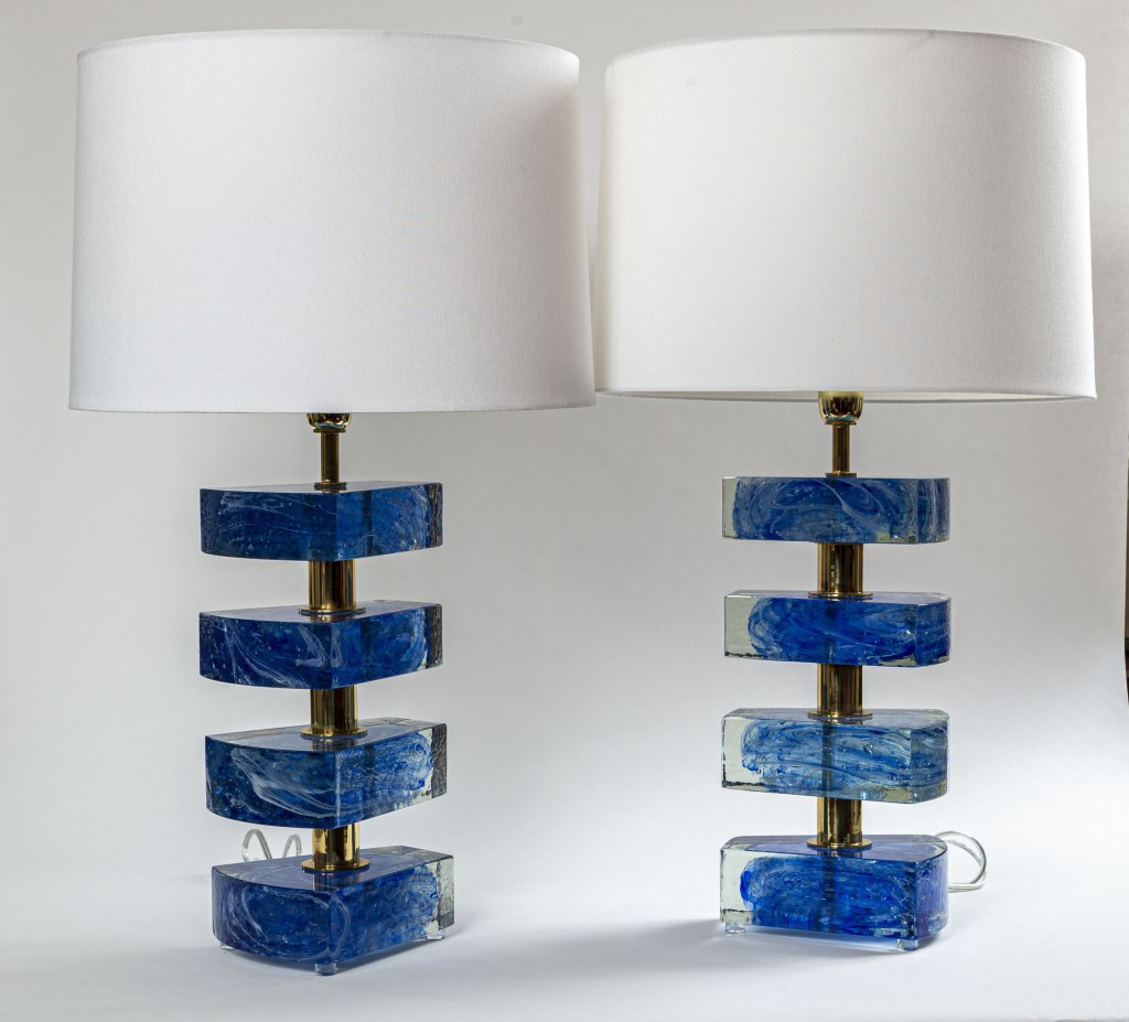 Pair Of Massive Artisan Murano Triangular Blue Swirl Lamps, Contemporary