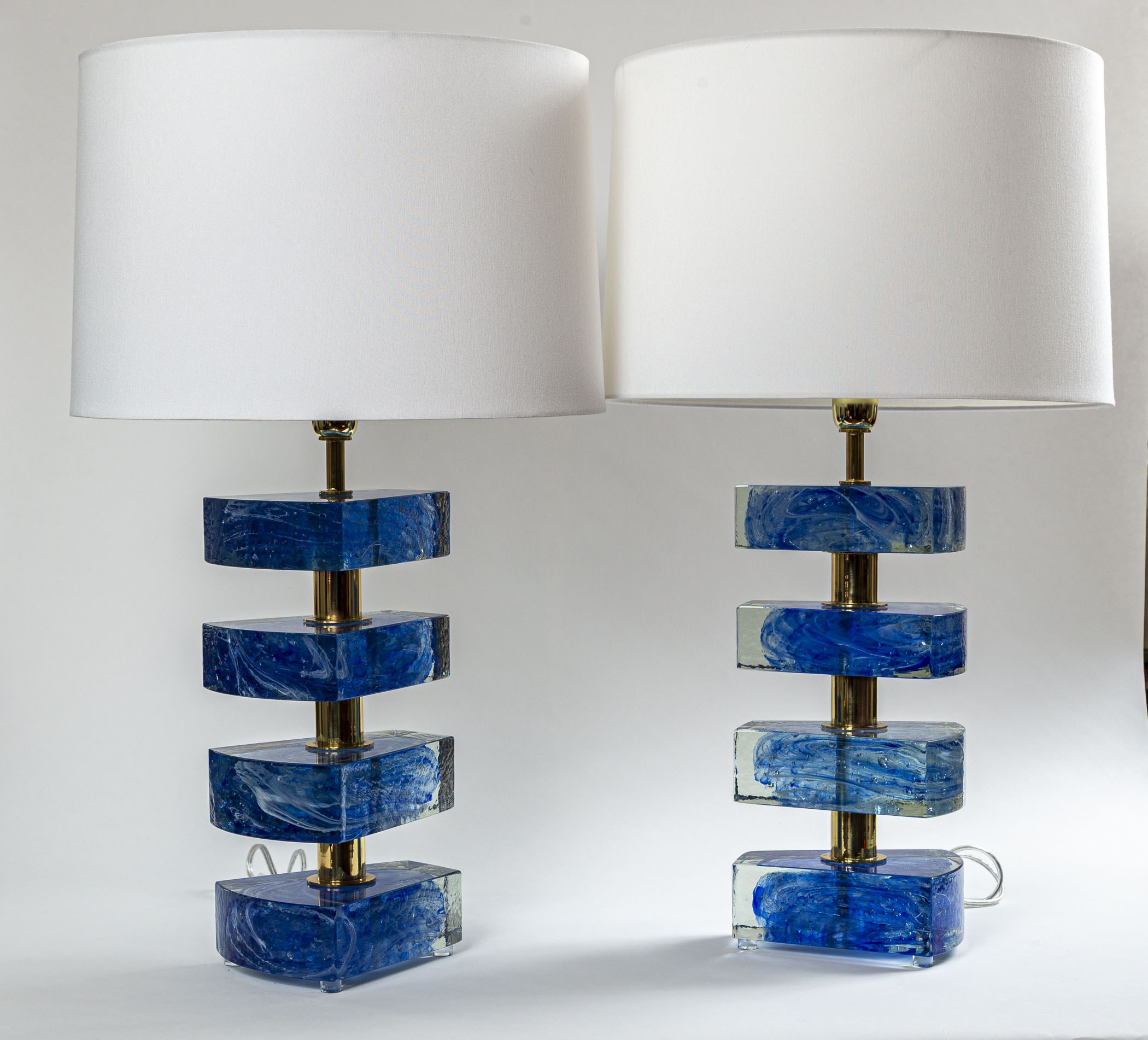 Pair Of Massive Artisan Murano Triangular Blue Swirl Lamps, Contemporary