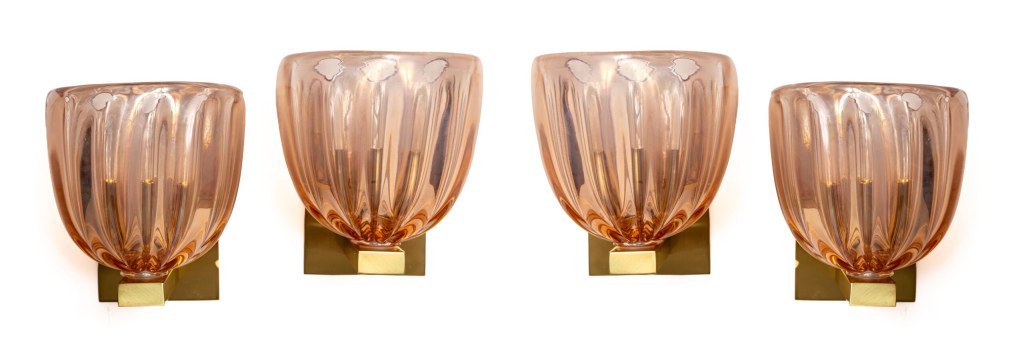 Pair of Modernist Murano Blown Iridescent Blush Glass Wall Lights, Contemporary