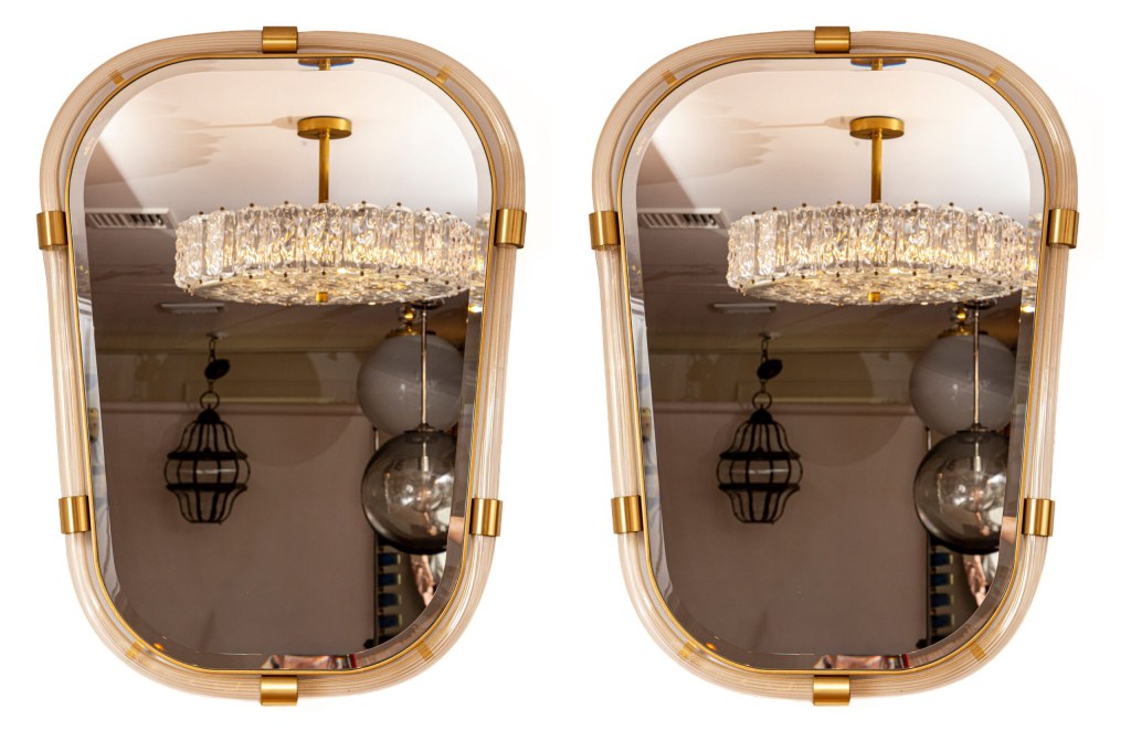 Pair Of Artisan Murano Blown Shield-Shaped Reeded Gold Glass Mirror, Contemporary