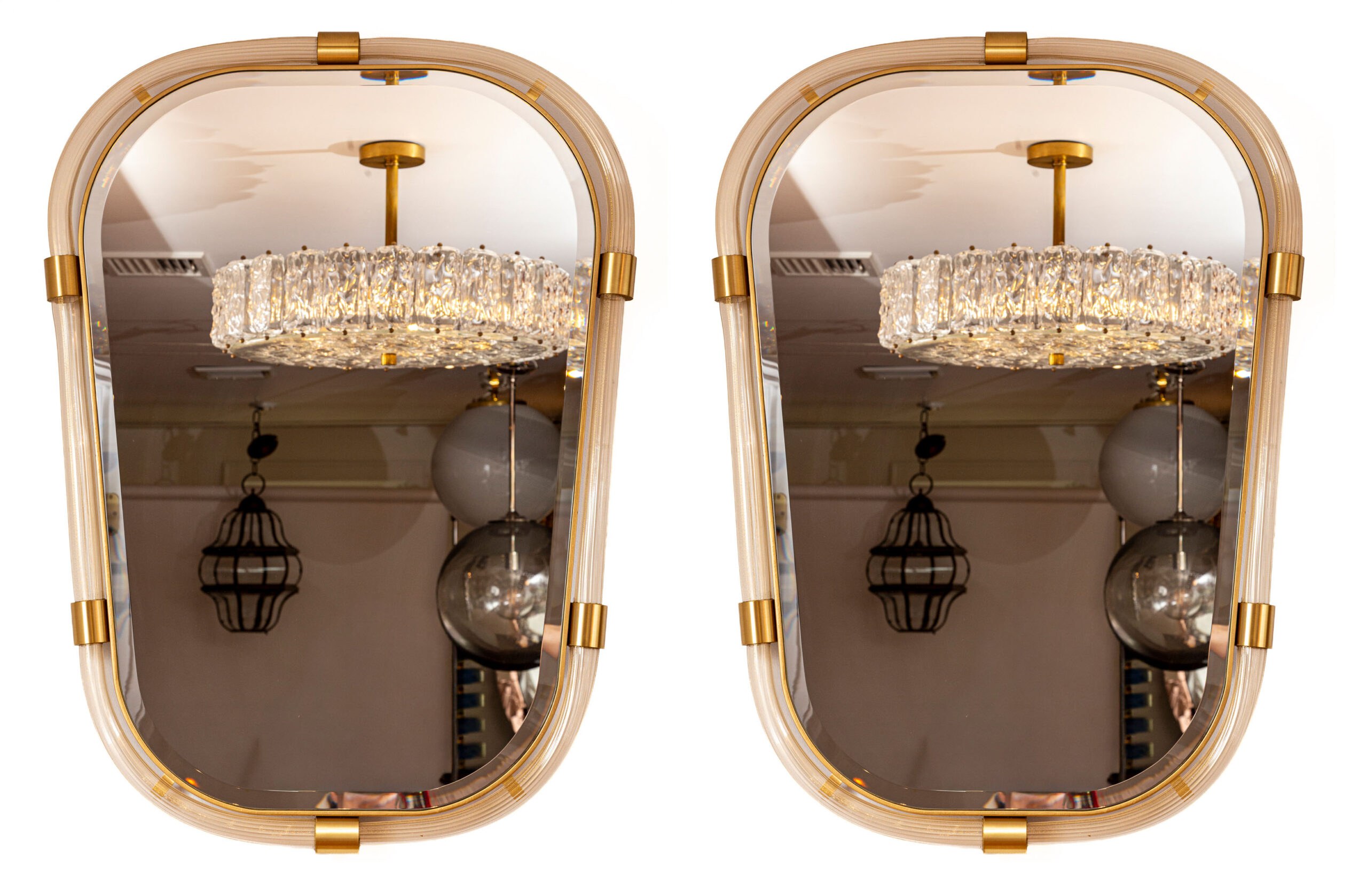 Pair Of Artisan Murano Blown Shield-Shaped Reeded Gold Glass Mirror, Contemporary