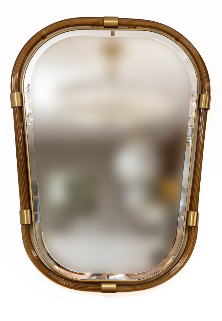 Artisan Murano Blown Shield-Shaped Reeded Glass Mirror In Tobacco, Contemporary
