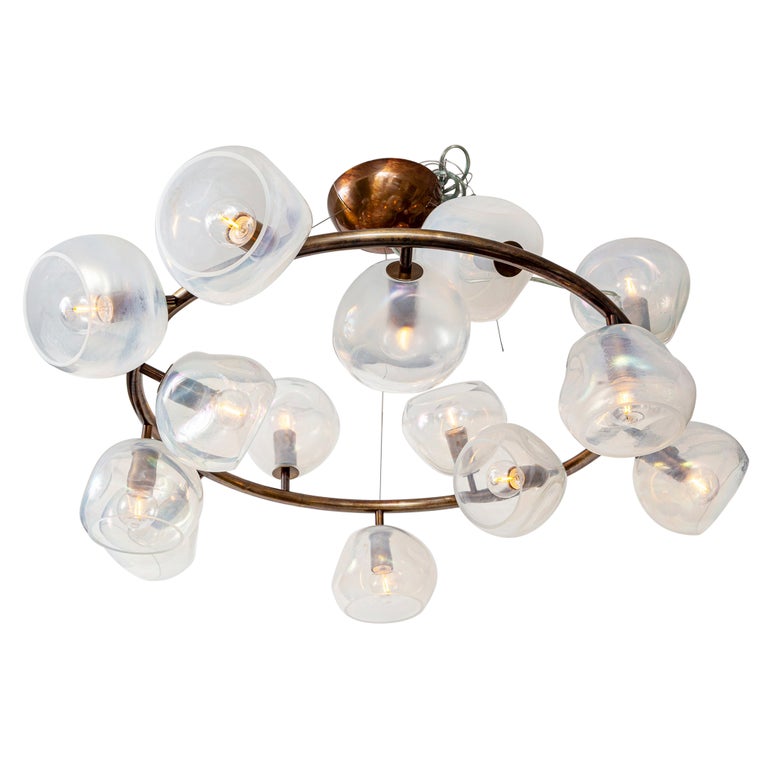 Italian Modernist Iridescent Clear Blown Glass Bronze Chandelier