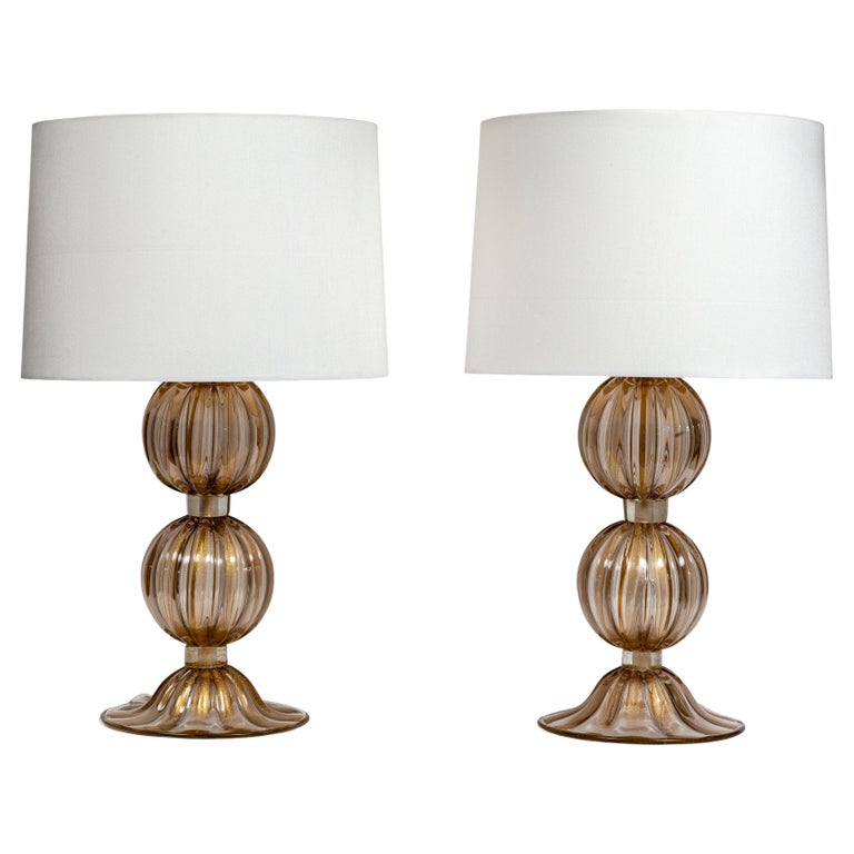 Pair of Murano Blown Crystal Gold Reeded ‘Balonton’ Lamps