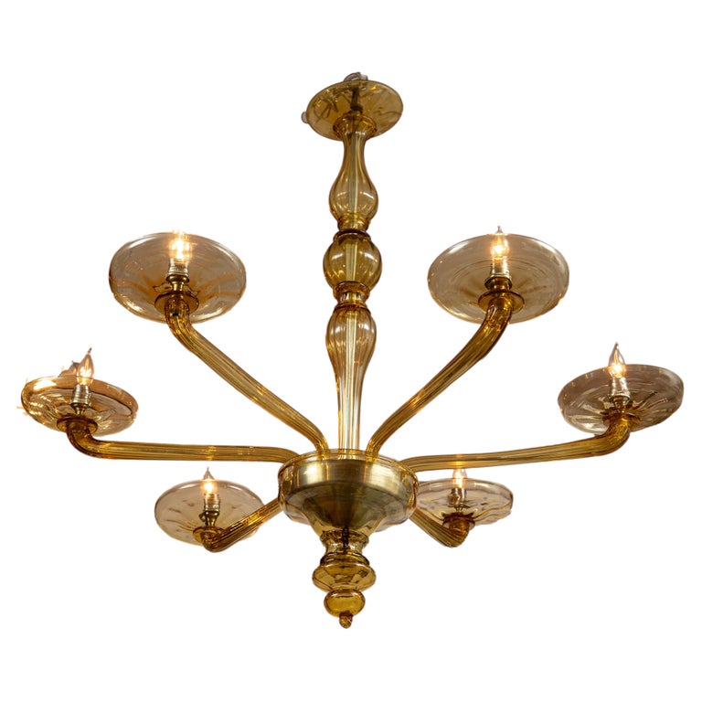 Smaller Italian Deco Venetian Citrine Glass Chandelier, 1940s (UL Certified)