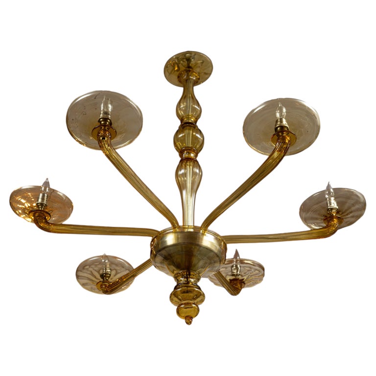 Smaller Italian Deco Venetian Citrine Glass Chandelier, 1940s (UL Certified)