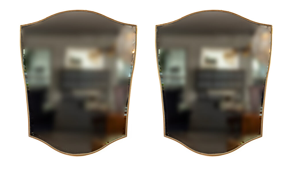 Pair Of Large Italian Mid Century Arching & Tapered Beaded Brass Mirrors